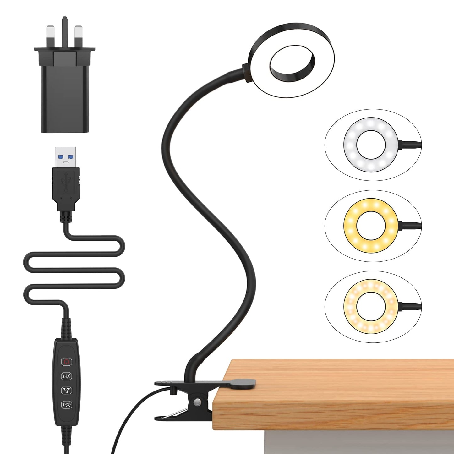 iZELL LED Desk Lamp with USB Adapter【3 Color Modes 10 Brightness】 Eye Caring Clip on Clamp Light, 40cm Flexible Gooseneck Book Ring Light for Gaming/Video Conference/Reading, Clip on Table, Headboard