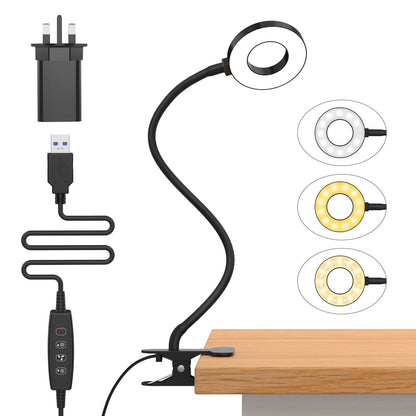 iZELL LED Desk Lamp with USB Adapter【3 Color Modes 10 Brightness】 Eye Caring Clip on Clamp Light, 40cm Flexible Gooseneck Book Ring Light for Gaming/Video Conference/Reading, Clip on Table, Headboard