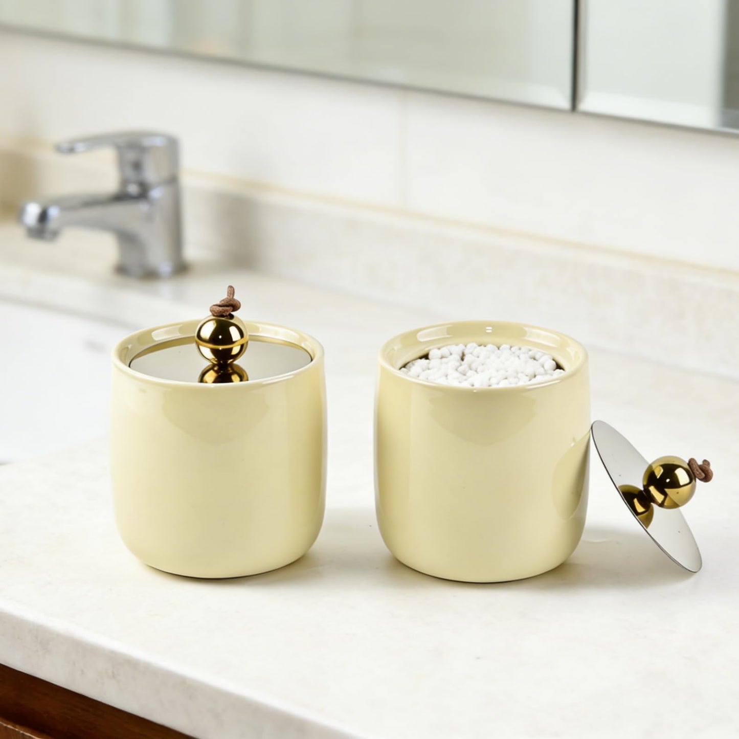 Ceramic Qtip Holder Dispenser with Gold Lids 2 Pack, Yellow Apothecary Jars Bathroom Vanity Organizer for Home Decor Bathroom Canister for Cotton Swabs, Rounds, Balls, Makeup Sponges, Bath Salts