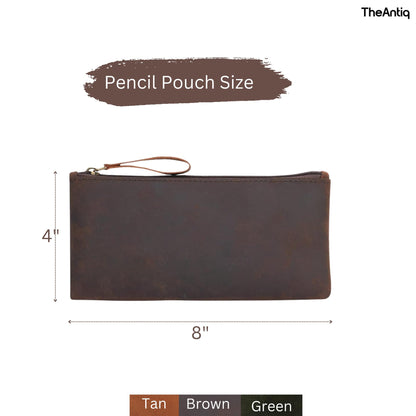 TheAntiq Leather Pencil Pouch, Currency Pouch, Leather Pencil Case, Zippered Pouch Paper Money, Pen Case, Pen and Marker Case, Pencil Case For Artists & Professionals (Tan)