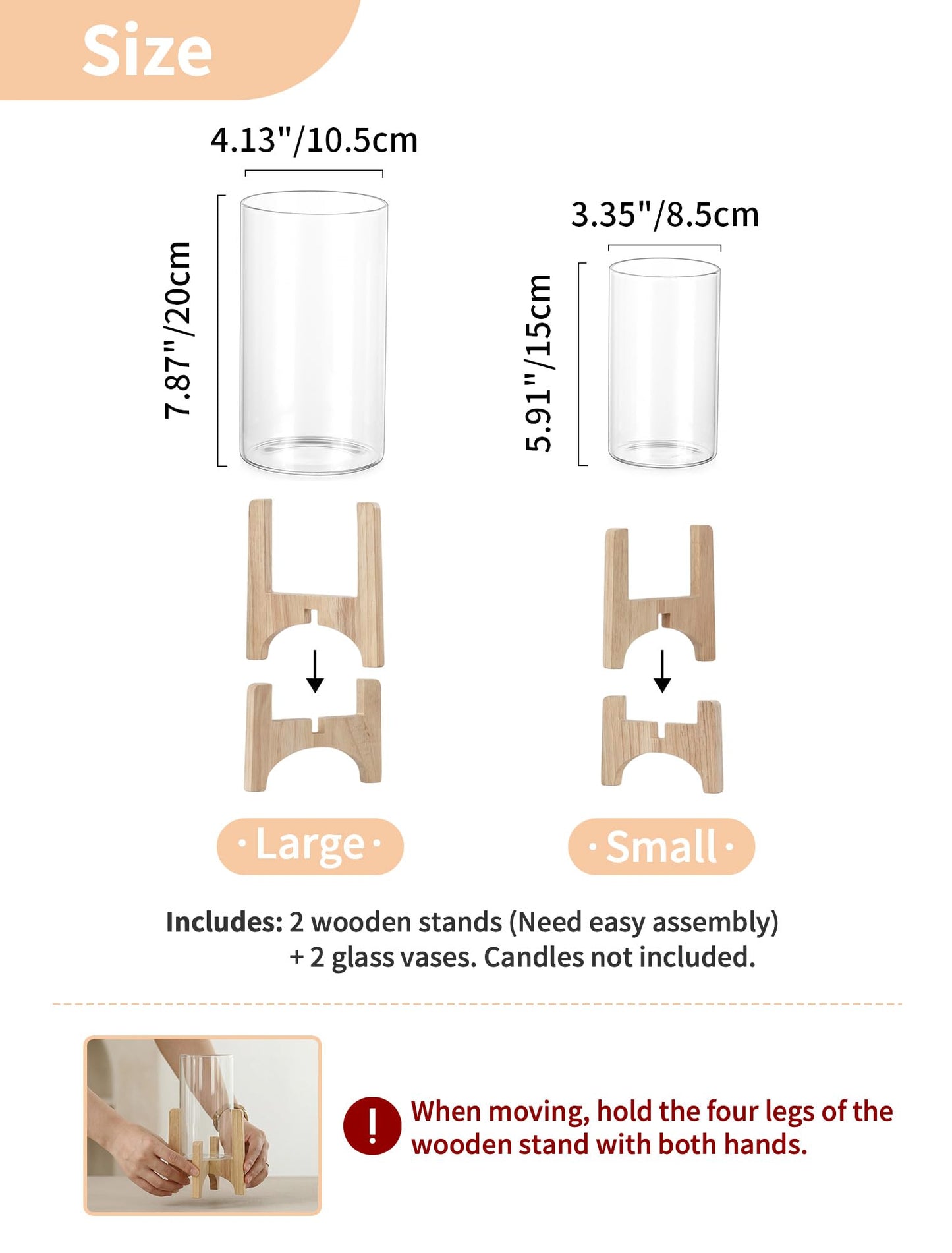 NUPTIO Hurricane Glass Candle Holders: Set of 2 Pillar Candle Holders with Wooden Stands - Mid Century Organic Modern Vases for Dining Table Centerpieces Decor