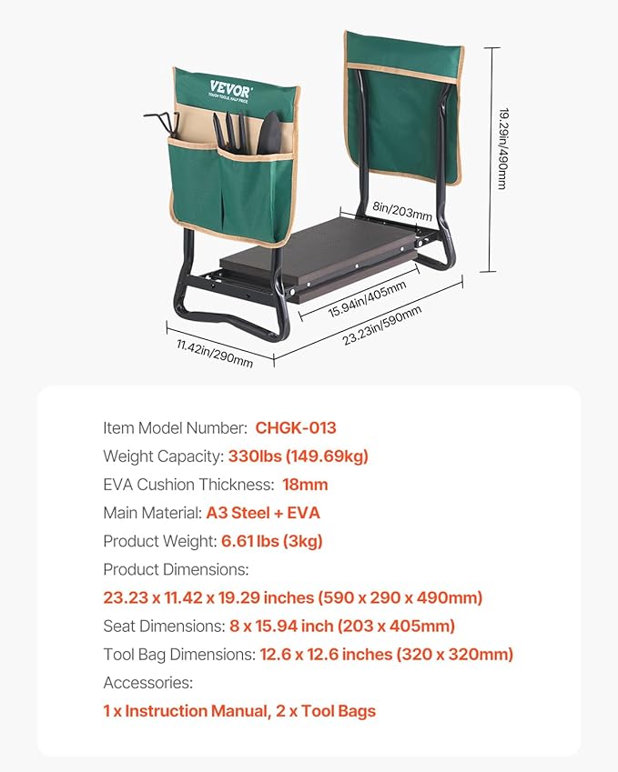 VEVOR Garden Kneeler and Seat, 330 lbs Load Capacity, 8" EVA Wide Pad, Foldable Garden Stool, Kneeling Bench for Gardening with Tool Bag, Gifts for Women, Grandparents, Seniors, Mom and Dad