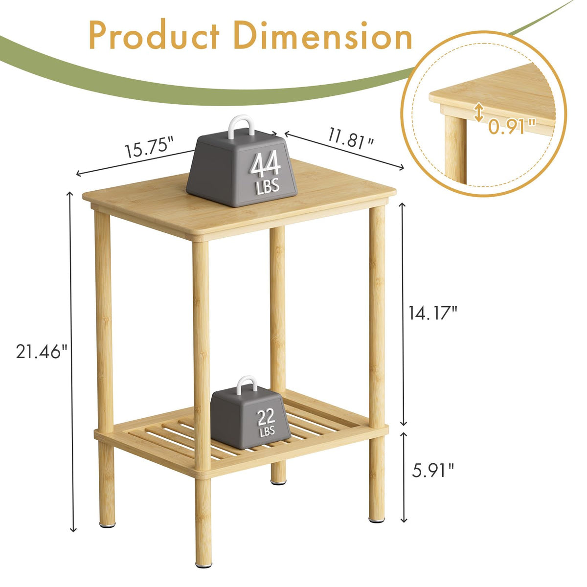 Atoping 2 Tier Bamboo End Table, Narrow Side Table with Adjustable Feet, Waterproof Small Bedside Table, Nightstand, Entryway Table for Living Room Bedroom Bathroom, No Tool Assembly, 66LBS Capacity