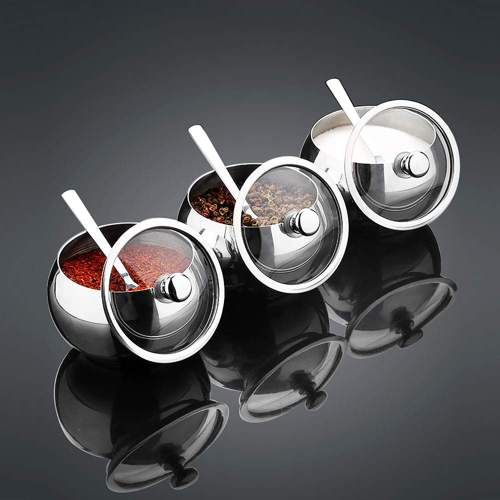 KEMIYIXIAN Stainless Steel Sugar Bowl with Lid and Spoon, Polished Shiny Condiment Pots for Serving Sugar Pepper Salt Spice- 330ml/ 11.6 Oz