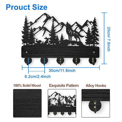MAYJOYDIY Wolf Rabbit Forest Coat Hooks Wood Animal Moutain Key Holder Wall Mount 11.8×7.9inch Key Hanger Wall Art Decor 5 Alloy Hooks Black Key Rack Organizer for Gift Entryway Hallway Kitchen Room