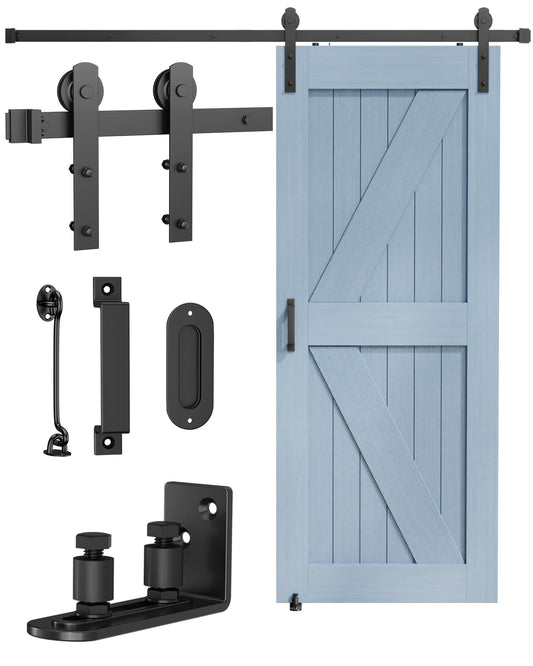 Titeck Barn Door Hardware Kit -6.6FT Sliding Door Hardware with Adjustable Floor Guide, 2 Handles and Latch -Fit 36''-40'' Wide Panel, I Shape Hanger, Black