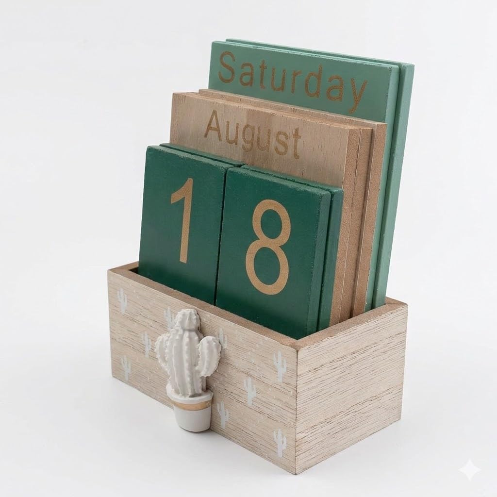 ZENSEWEN Cactus Wooden Perpetual Calendar for Desk Decor - Aesthetic Boho Office Accessories & Wood Block Daily Calendar - Reusable Classroom Decor & Unique Plant Lover Gift for Teachers, Students & Coworkers
