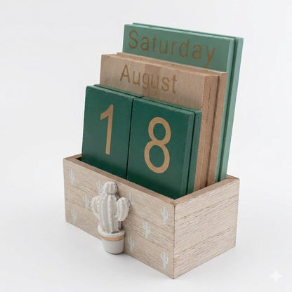 ZENSEWEN Cactus Wooden Perpetual Calendar for Desk Decor - Aesthetic Boho Office Accessories & Wood Block Daily Calendar - Reusable Classroom Decor & Unique Plant Lover Gift for Teachers, Students & Coworkers