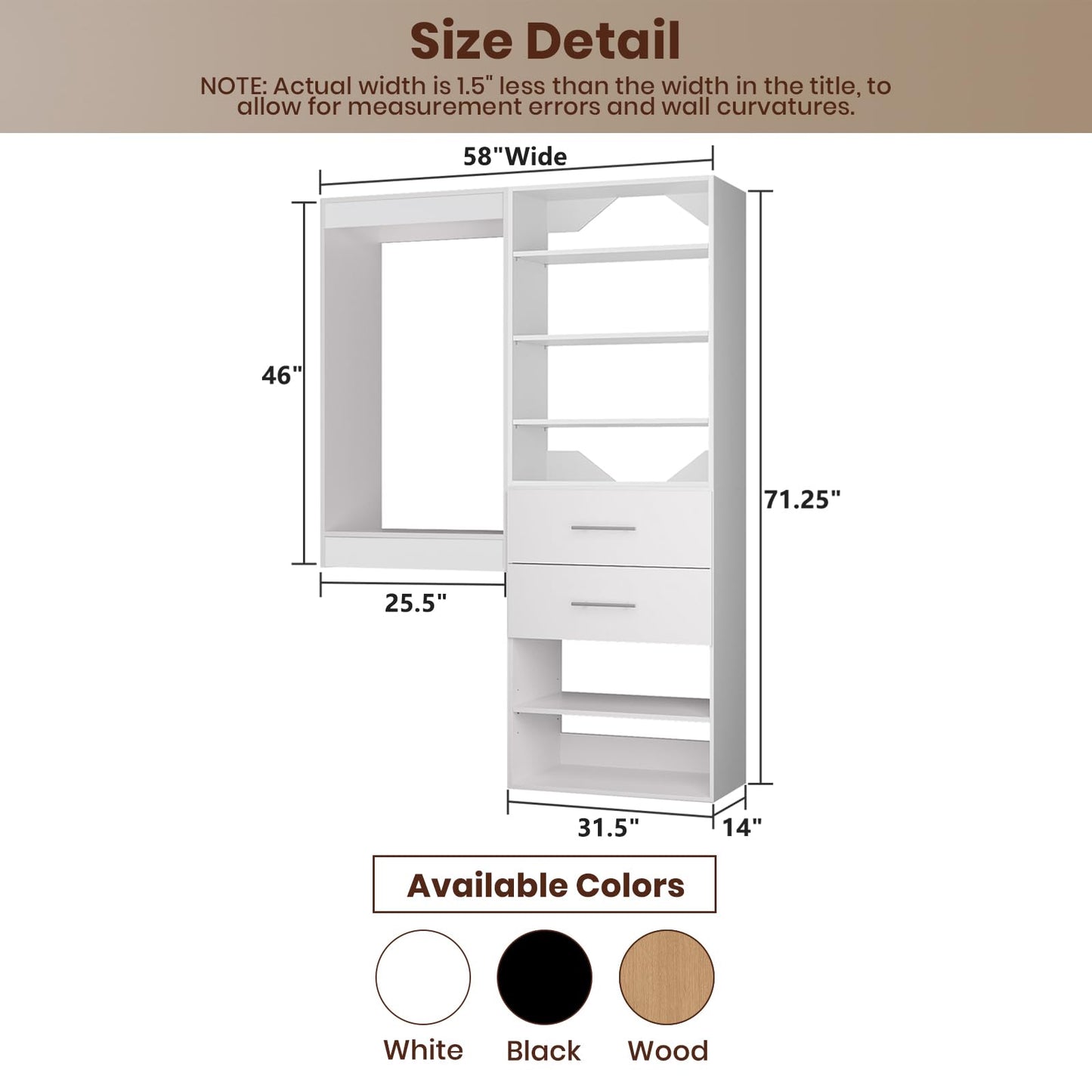 ROOMTEC Modular Closet System, 58" Wall Mounted Closet Organizer with Hanging Rods and Drawers, Wooden Tower for Walk-In Closets, Wardrobe Storage Kit, White