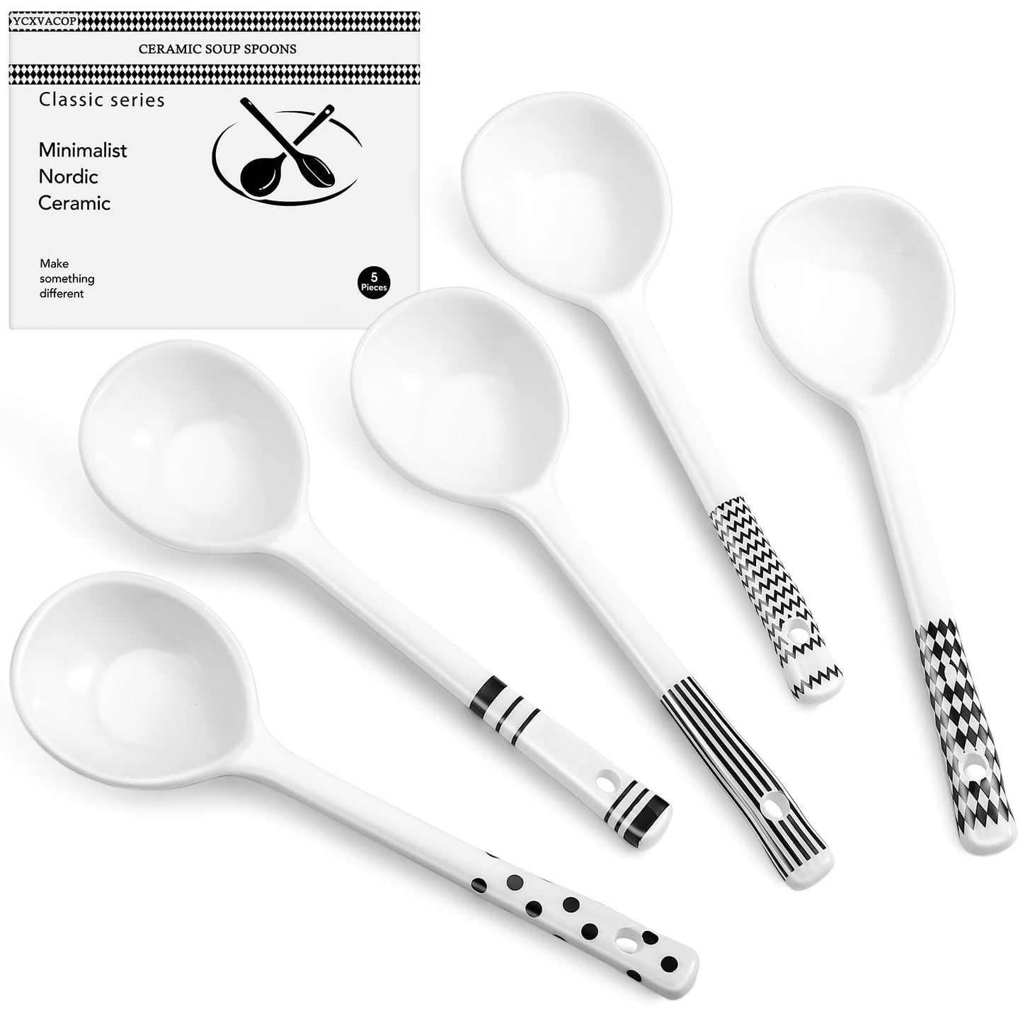 Ycxvacop 5 Pieces Ceramic Spoons,Asian Soup Spoon,Ramen Spoons,Japanese Soup Spoons,Ceramic Large Soup Spoons Chinese Soup Spoons for Pho,Wonton,Dumpling,Noodles (Black-6.5 in)