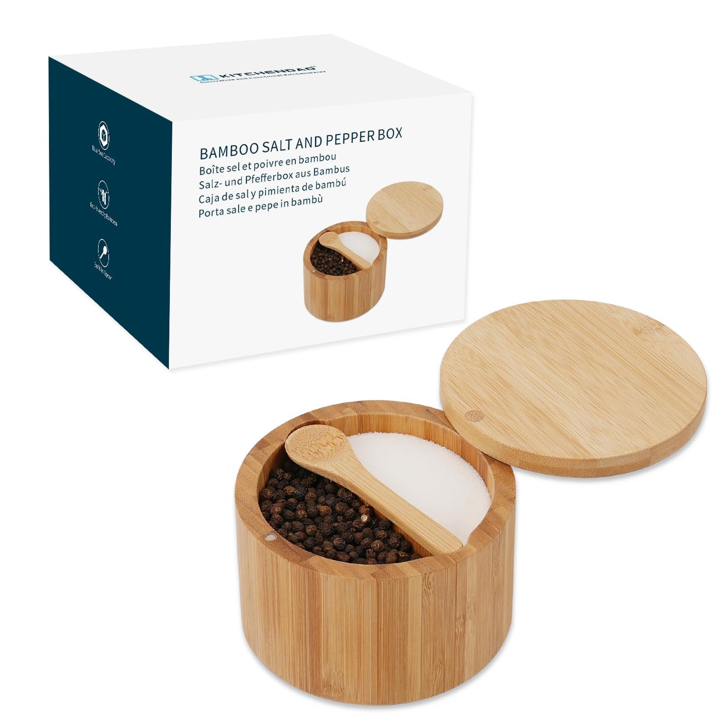 KITCHENDAO Bamboo Salt and Pepper Bowl Box Cellar, Built-in Spoon, Two Compartments Spice Seasoning Container, Sea Salt Cellar Holder, Magnetic Swivel Lid, Dual 5oz Capacity