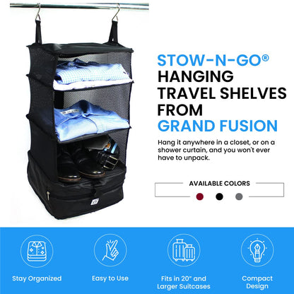 Grand Fusion Stow-N-Go Packing Organizer for Luggage, Portable Hanging Travel Shelves, Carry-On Closet, Hanging Packing Cubes, Collapsible Carry-On Organizer for Cruises & Hotels. Black - L
