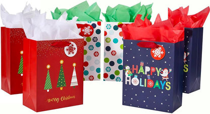 SUNCOLOR Small Christmas Gift Bags with Tissue Paper, 6 Pack Holiday Theme Bags in 3 Festive Designs, 7x9x4 Inches, Red Navy White with 12 Sheets Tissue Paper