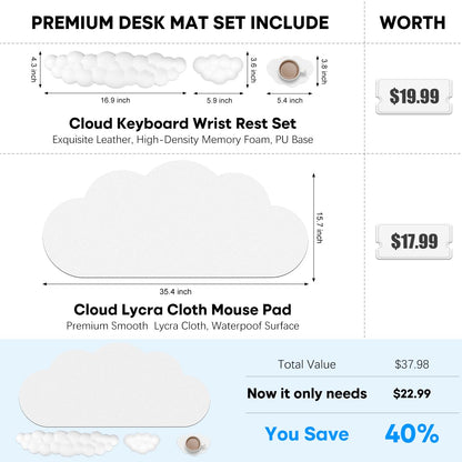 JIKIOU Large Cloud Mouse Pad Waterproof with Cloud Keyboard Wrist Pad and Cloud Mouse Wrist Pad Set, Ergonomic Computer Desk Wrist Support Mousepad for Keyboard and Mouse White