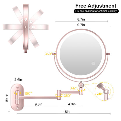 9" Wall Mounted Lighted Makeup Mirror,4000mAh Rechargeable Double Sided 1X/10X Magnifying Mirror with Light,3 Color Lights,Touch Dimmable,Extended Arm 360 Rotation Wall Mounted Makeup Mirror