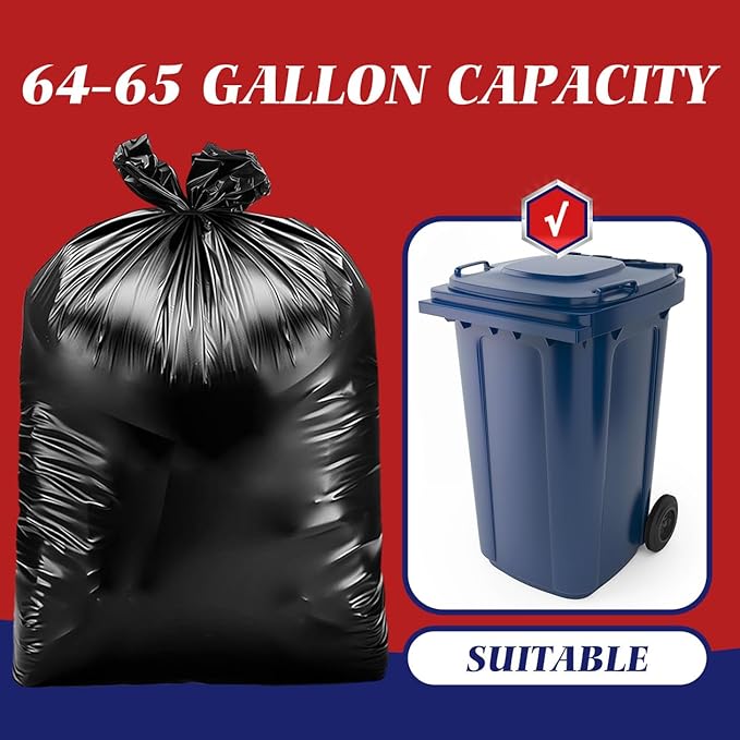 Teivio Large Black Trash Bags 64-65 Gallon 16 Counts Industrial Sturdy Garbage