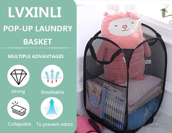 2 Pack Laundry Basket, Foldable Mesh Pop-up Laundry Hamper