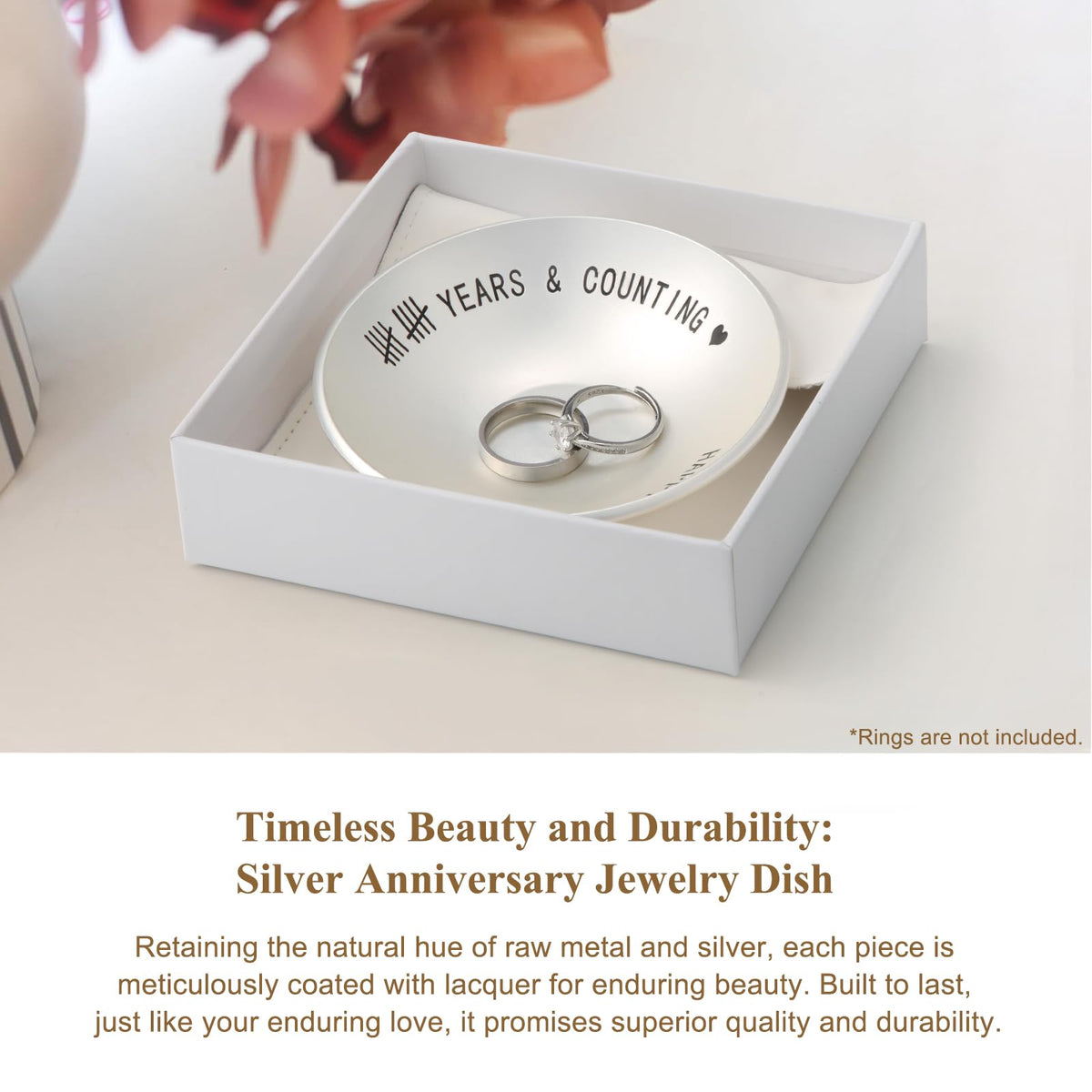 Urllinz 10 Year Anniversary Tin Gifts for Him - 10th Wedding Anniversary Jewelry Tray for Wife Couple Husband Her, Sliver Ring Holder Dish & Card & Gift Box, 4"