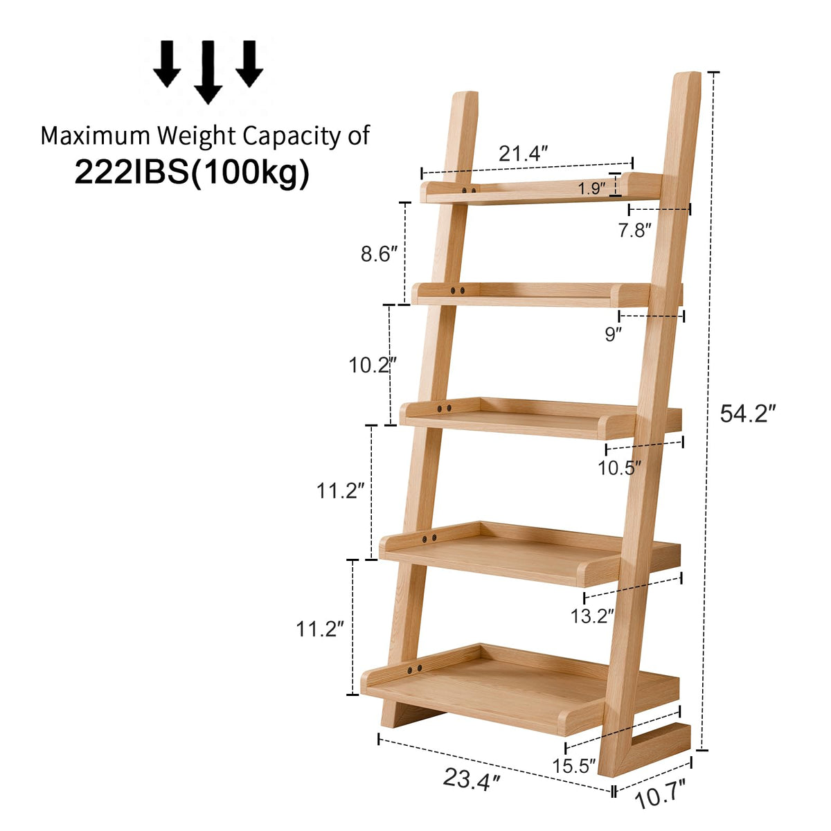 AQIMUELE Wooden Ladder Shelf with Edges, 5-Tier Modern Leaning Bookshelf Ladder – Stylish Space-Saving Bookcase for Living Room, Bedroom & Home Office