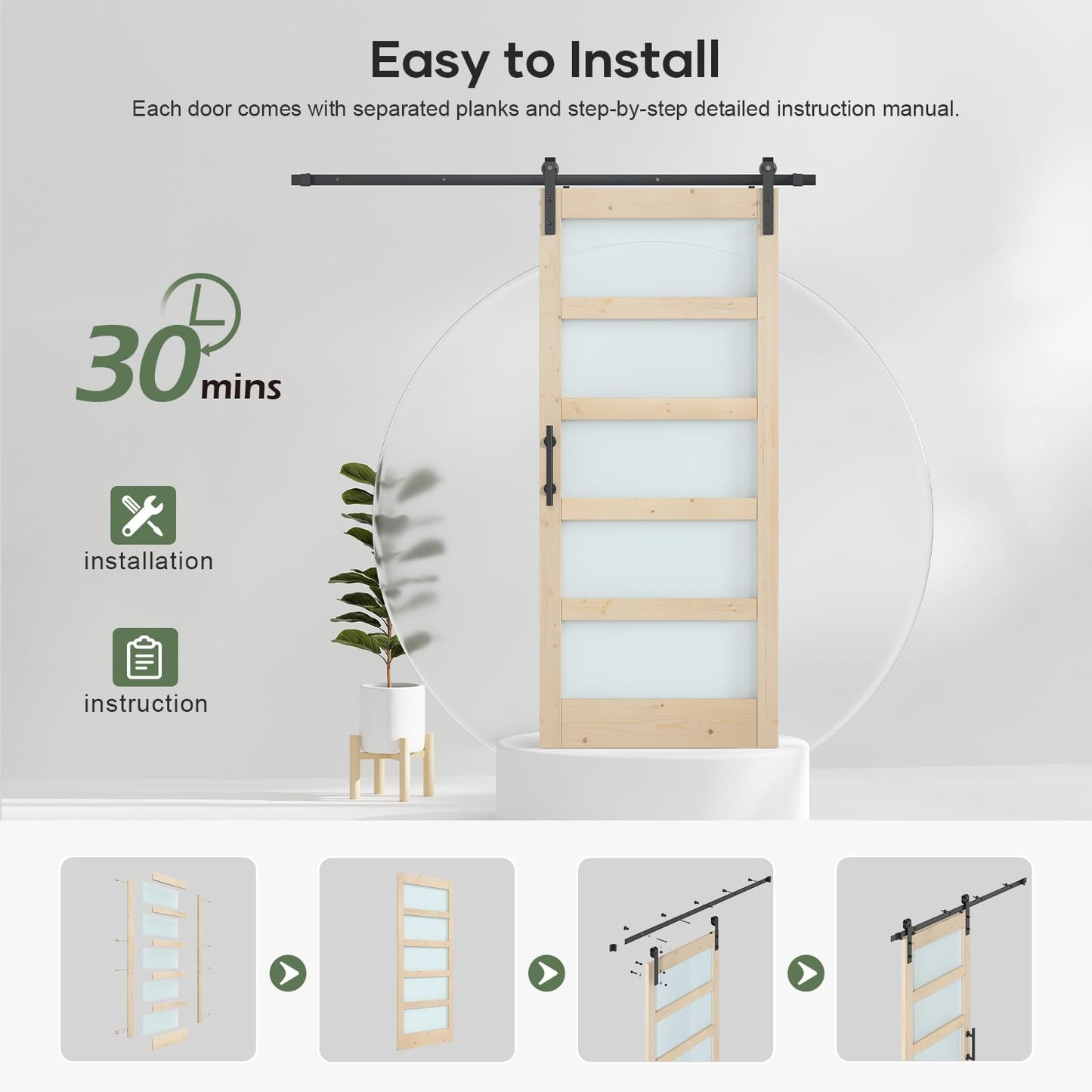 ROYMELO 38x84 inch Glass Sliding Barn Door Slab with 6.6ft Hardware Kit Included, 5-Panel Frosted Glass, Spruce Wood Support DIY Dyeing, Easy Assembly