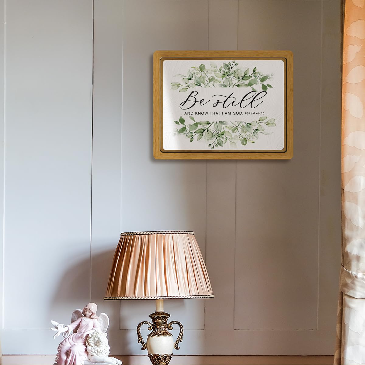 BIWSHA Rustic Farmhouse Christian Bible Verses Wall Art Decor, Inspirational Botanical Sage Green Wooden Framed Wall Hanging Art Decor for Home Office Bedroom, Be Still PSALM 46, 12x9.4in
