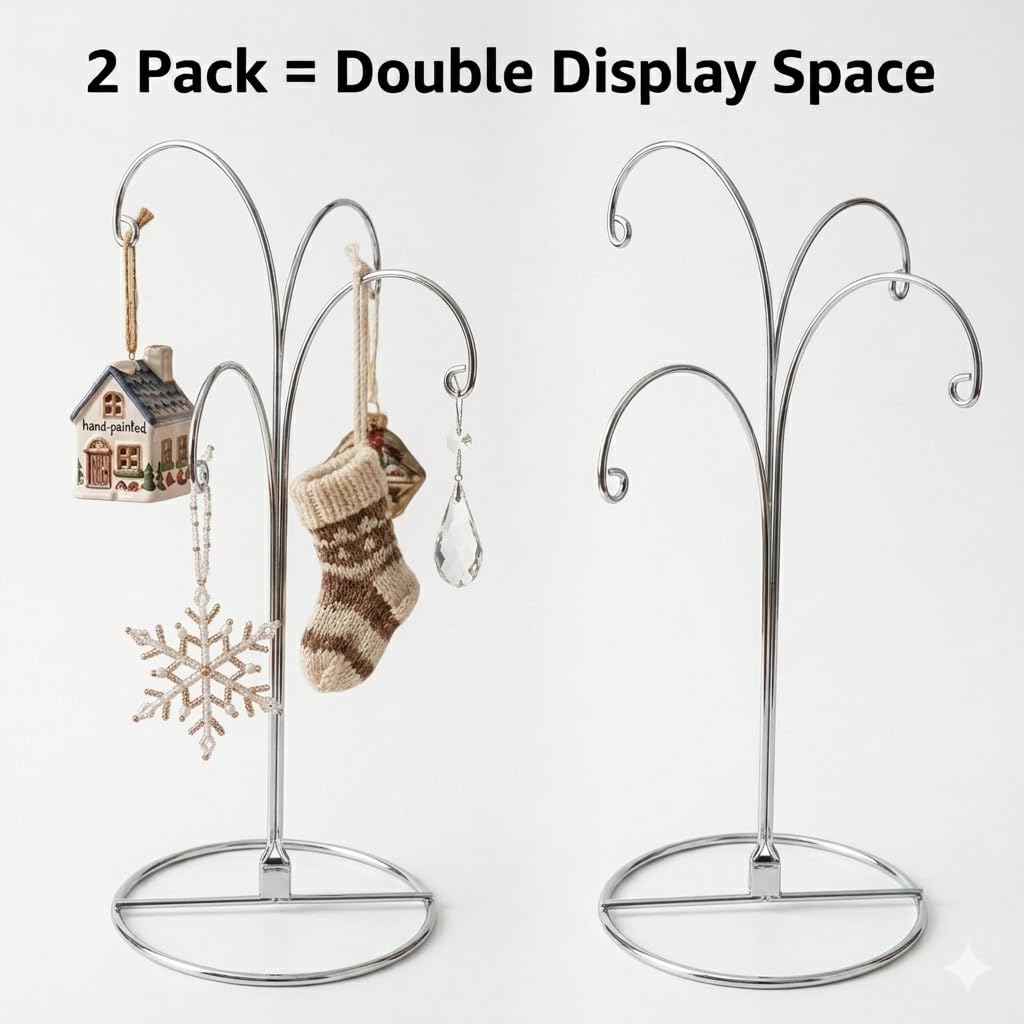 HOHIYA Ornament Display Stand 12 Inch 2 Pack 4-Arm Metal Ornament Holder for Christmas Decorations Crystal Ball Hanging Ornaments Jewelry Display Stand Chrome Silver