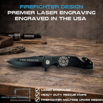 Black Firefighter Rescue Knife – Emergency Window Breaker, Seatbelt Cutter, Combo Edge Blade – Firefighter Tools & Firefighter Gifts for Men – Tactical Firefighter Knife with Belt Clip