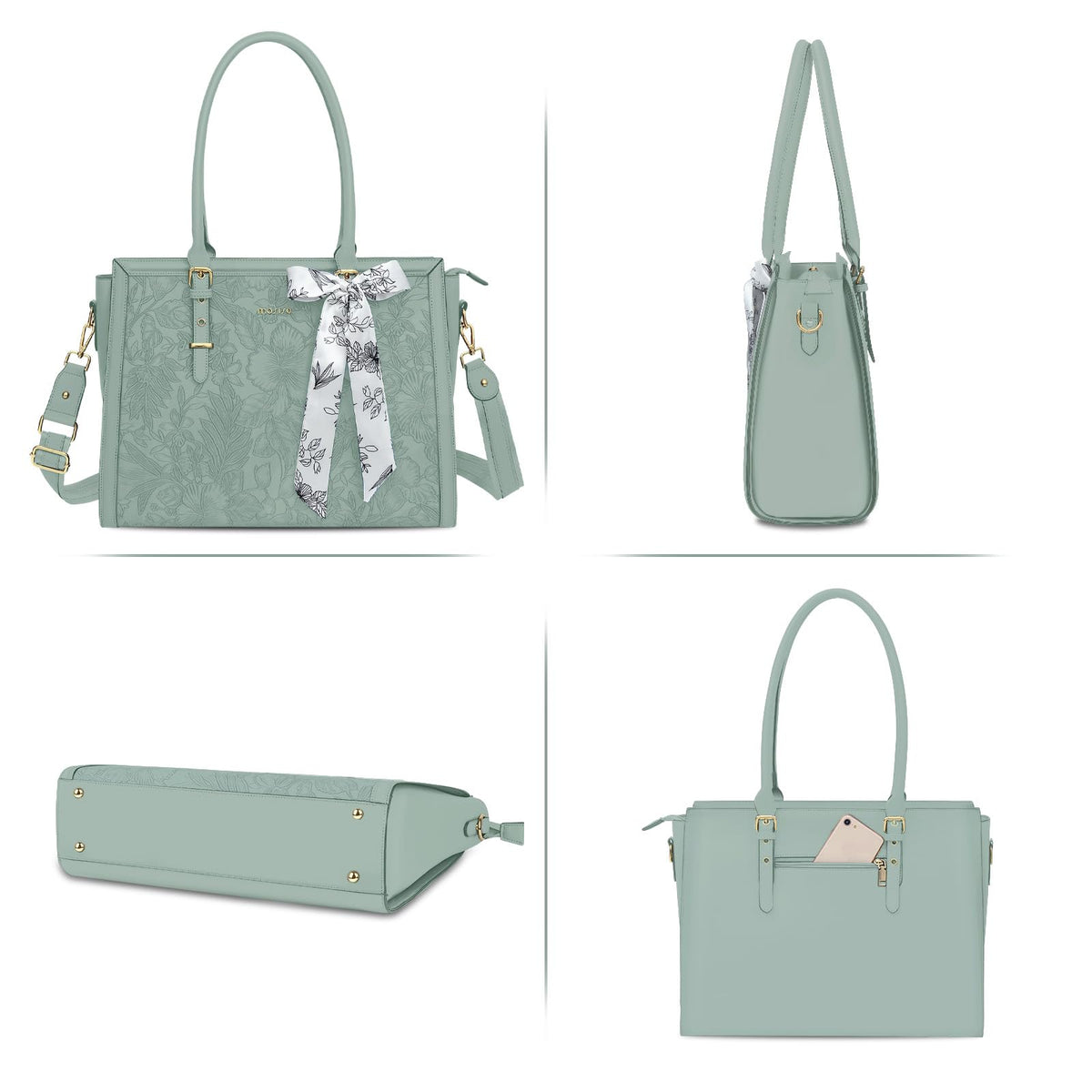MOSISO Laptop Bag for Women, 15.6-16 inch PU Leather Tote Bag Compatible with MacBook, HP, Dell, Asus Notebook, Front Embossed Retro Hibiscus Computer Bags with Silk Scarf&Clutch Purse, Antique Green