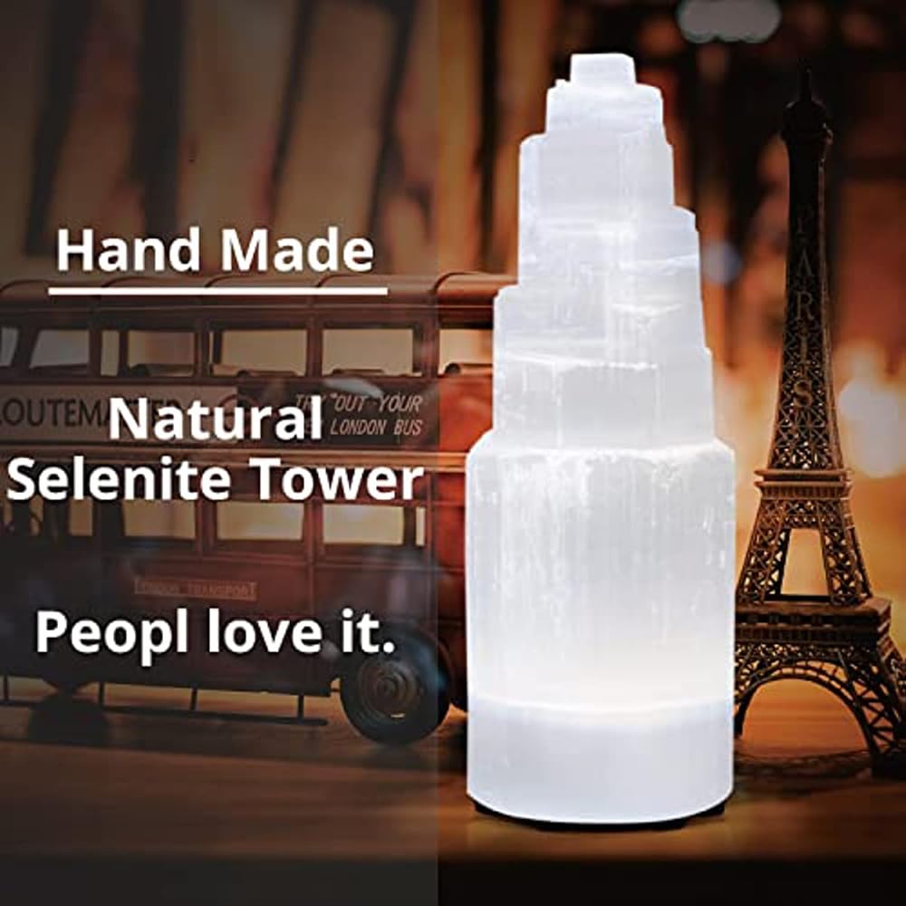 Natural Selenite Crystal Selenium Skyscraper Tower Carving Statue Home Decoration Stone Gypsum Tower for Home Decor Ornaments (15cm-1pcs)