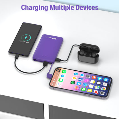 Slim Portable Charger with Built in USB C Cable,20W Fast Charging Power Bank,Small Mini Lightweight Phone Battery Pack 6000mAh,Ultra Thin Travel Essentials for iPhone 17 16 15 Series,Samsung,Android