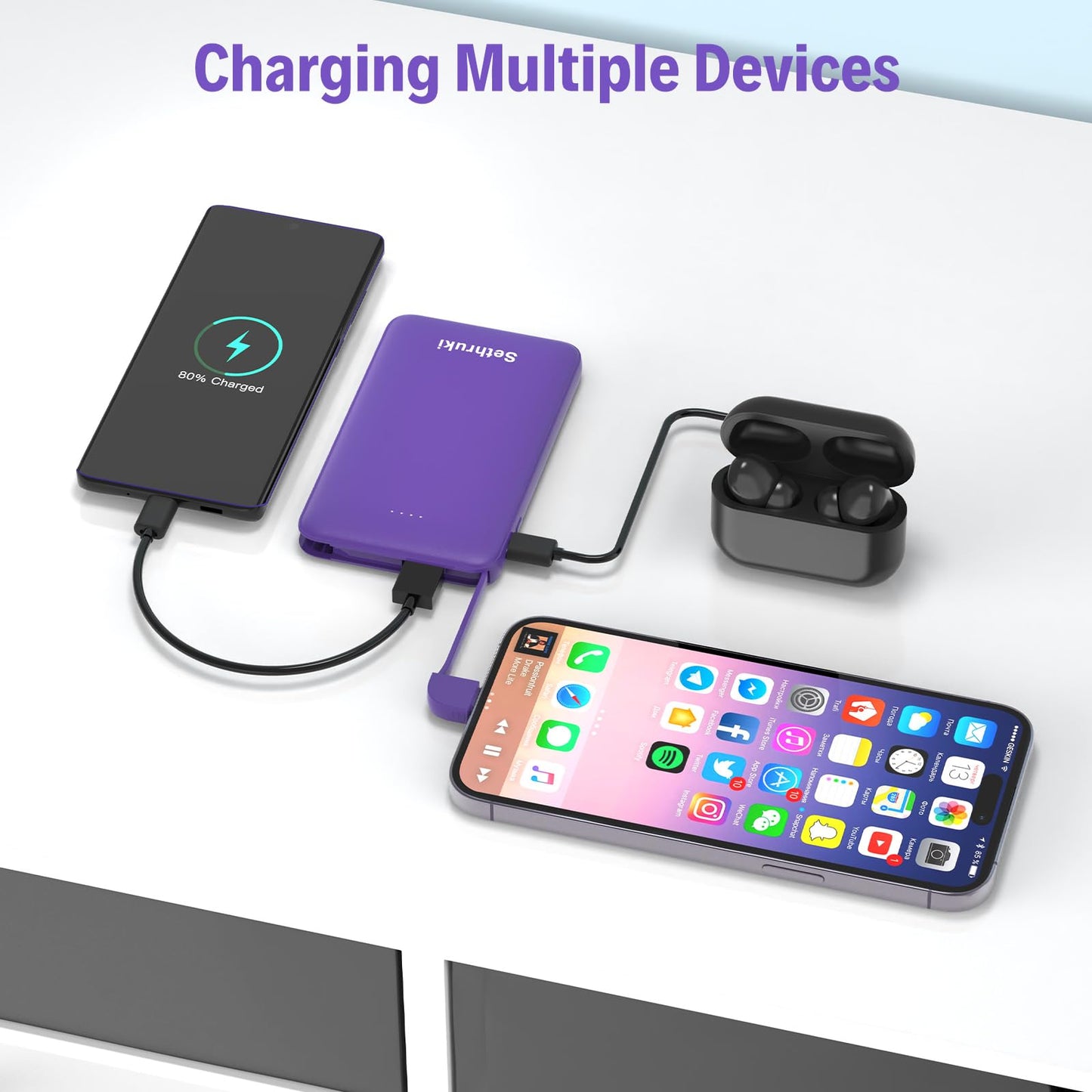 Slim Portable Charger with Built in USB C Cable,20W Fast Charging Power Bank,Small Mini Lightweight Phone Battery Pack 6000mAh,Ultra Thin Travel Essentials for iPhone 17 16 15 Series,Samsung,Android