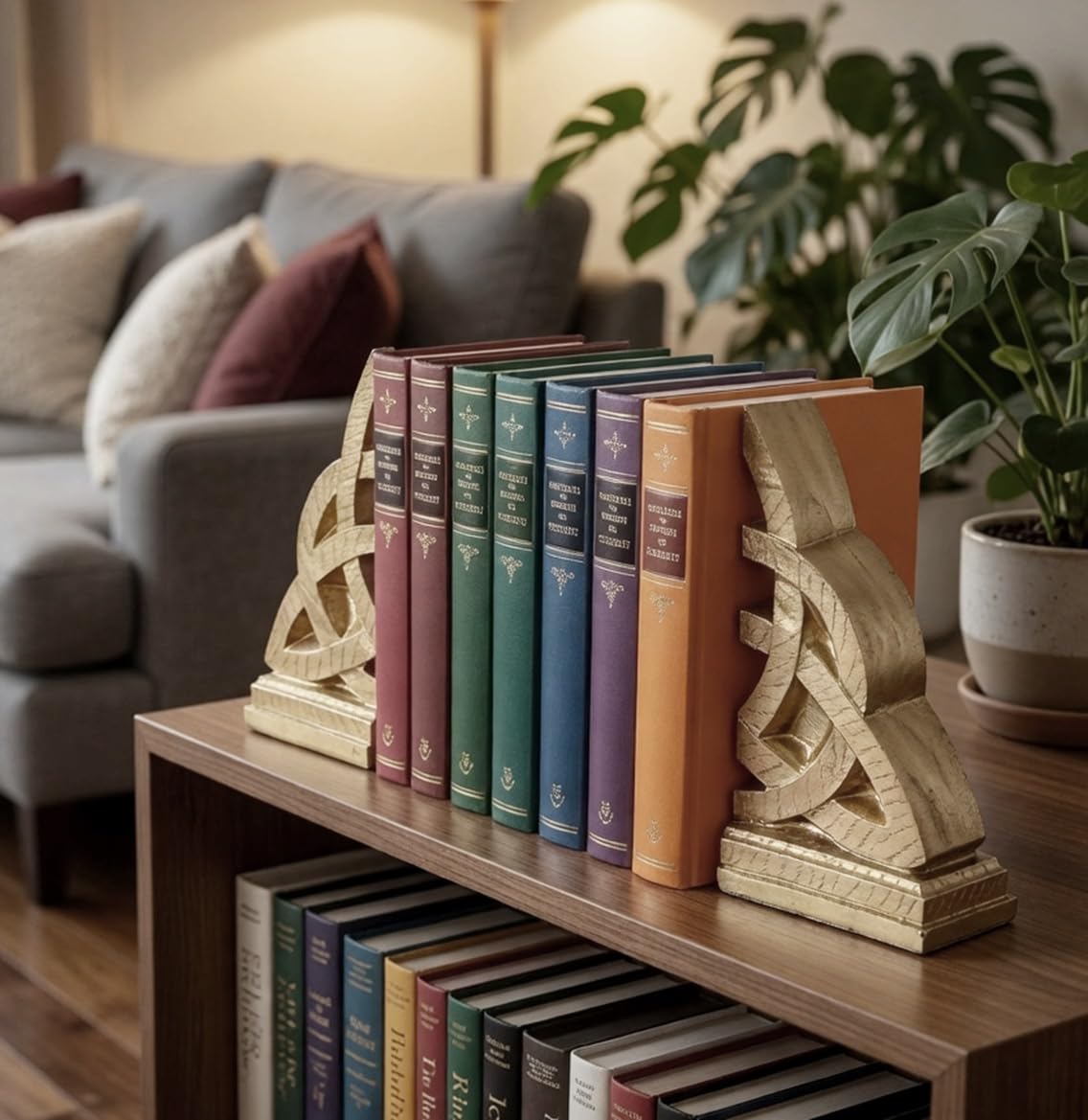 Bellaa 21787 Decorative Bookends Golden Celtic Knot Triquetra Irish Theme Mystical Design Endless Celts Symbol 8 Inch Polyresin