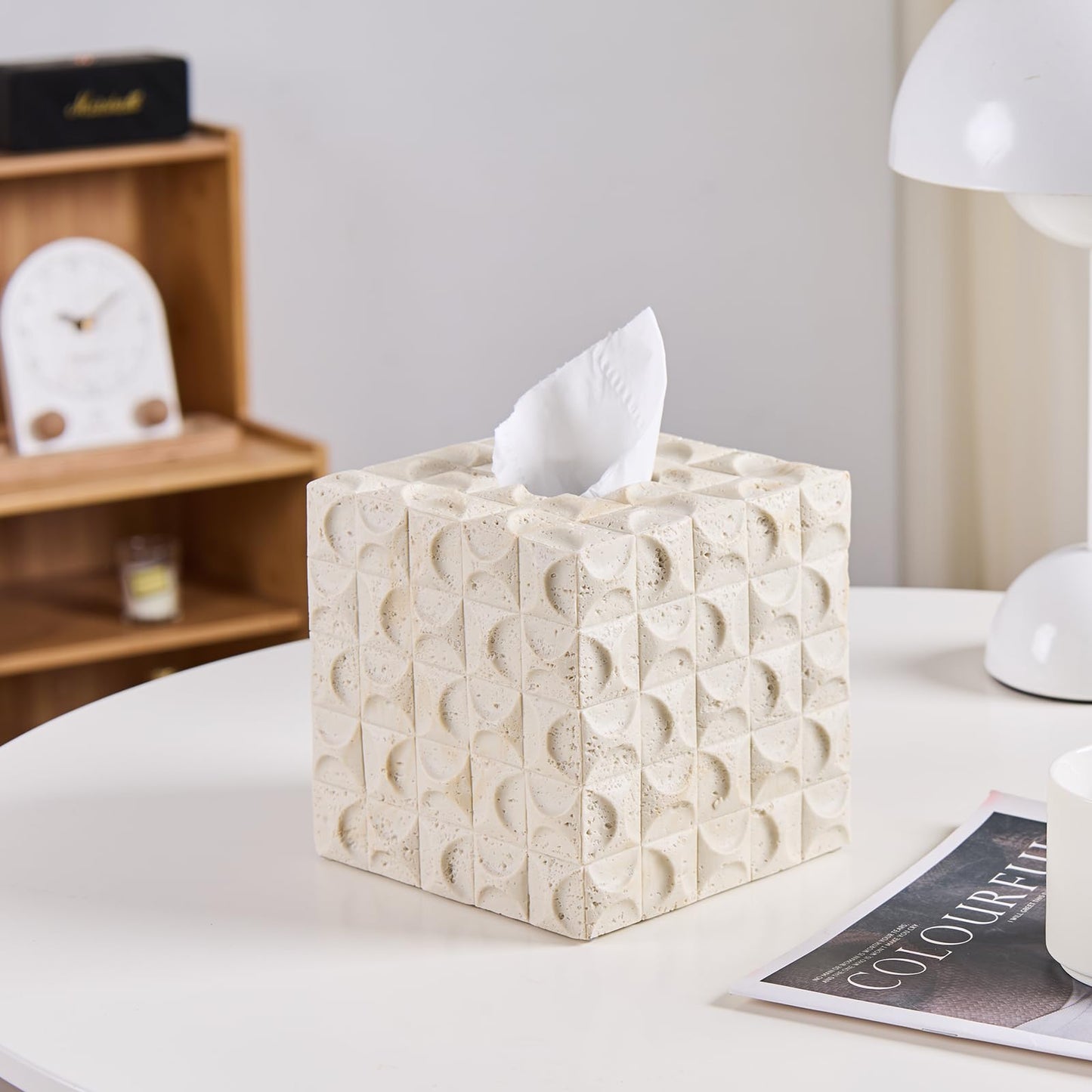Natural Travertine Textures Tissue Box Cover Square for Home Decor, Relief Sculptured Geometric Cube Resin Heavy Tissue Box Holder for Bathroom Countertop, Tabletop, Night Stand, Office Desk (Beige)