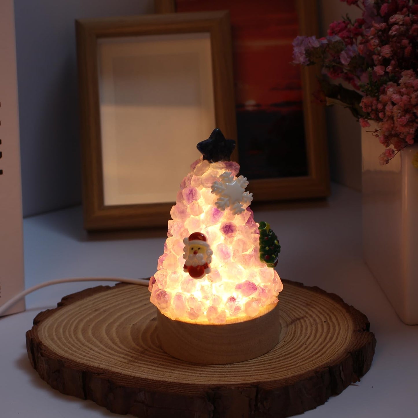 Youhot Natural Amethyst Crystal Tree Lamp - Healing Gemstone Pine Tree LED Night Light, 3.7 Inch Small Table Lamp with Wooden Base, Spiritual Home Office Decor, Zen Meditation Gift for Women & Men