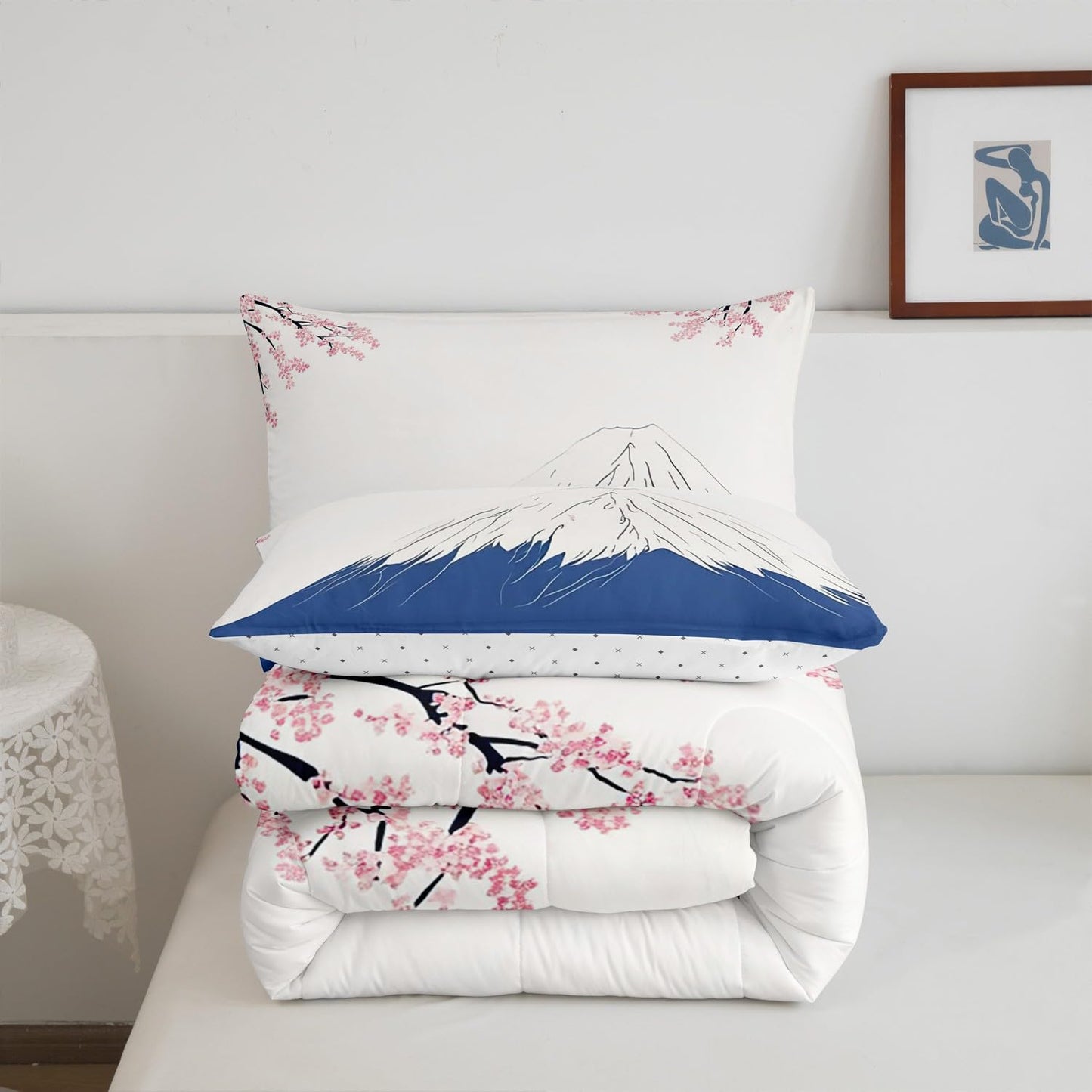 Feelyou Japanese Fuji Mountain Bedding Set for Kids Boys Girls Queen Size Cherry Blossoms Comforter Set Ultra Soft Exotic Comforter Japanese-Style Duvet Quilt Bedroom Decor Stylish Simple Quilt