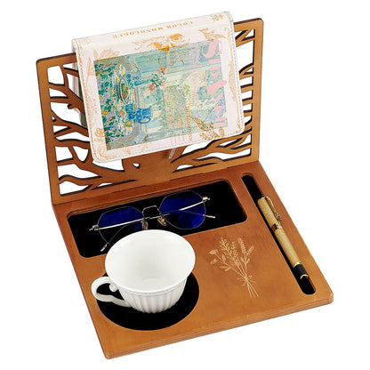 BENECREAT Wood Book Holder Stand, Multifunctional Book Nook Organizer with Cup, Glasses, Pen & Phone Holder for Nightstand Desktop Christmas Birthday Gifts