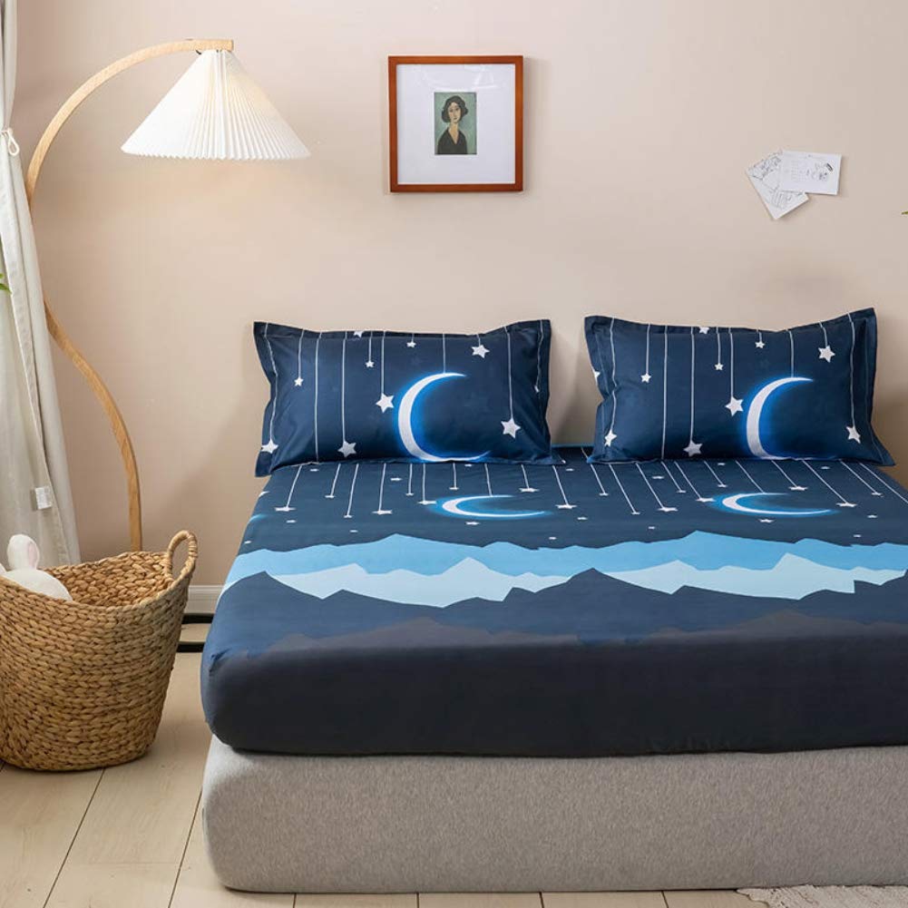 Kids Bedding Set Moon Twinkle Stars Bed Sheet Set for Boys Girls Bedroom Decor Twin Size Microfiber Soft Mountain Night Fitted Sheet Dark Blue Bed Cover with 1 Pillow Case, Flat Sheet not Included
