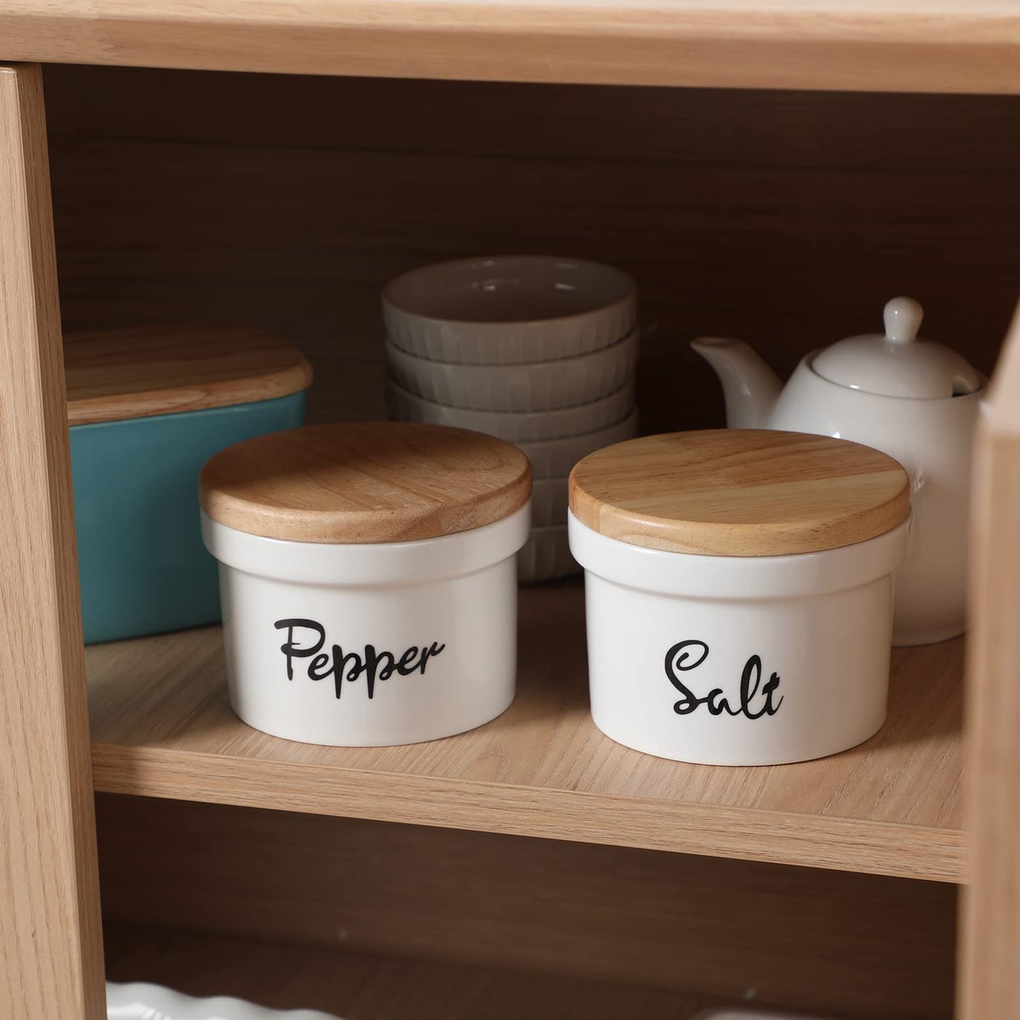 HAOTOP Salt and Pepper Bowls with wooden Lid, 12.5 oz Ceramic Salt and Pepper Saver Container for Countertop, Farmhouse Kitchen Decor