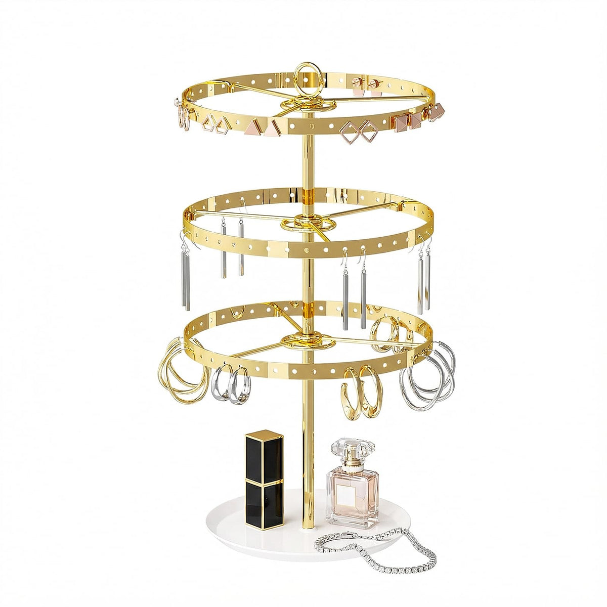 Gghenda 3-Tier Metal Earring Organizer Stand, 360° Rotation, 126 Holes, T-Shape Display Rack (Gold)