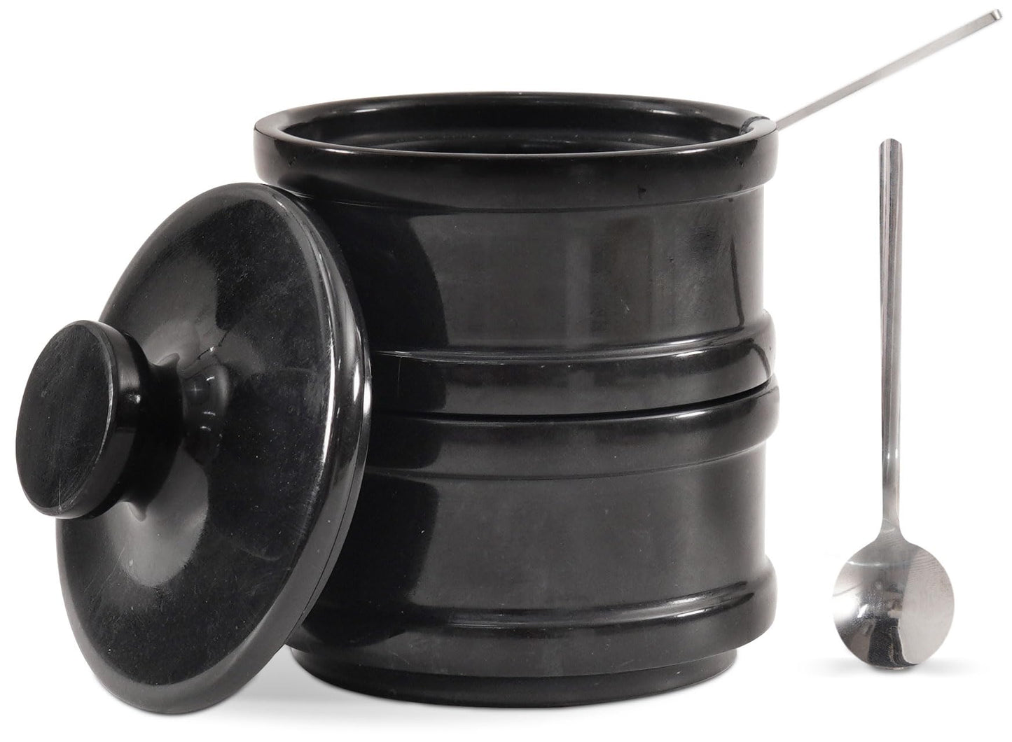Radicaln Handmade Marble Black 5.5” Dual Salt Cellar With Lid – 2.3” Each Salt and Pepper Bowls Kitchen Container Storage Set – Ideal for Jewelry, Butter Keeper, Sugar & kitchen Décor