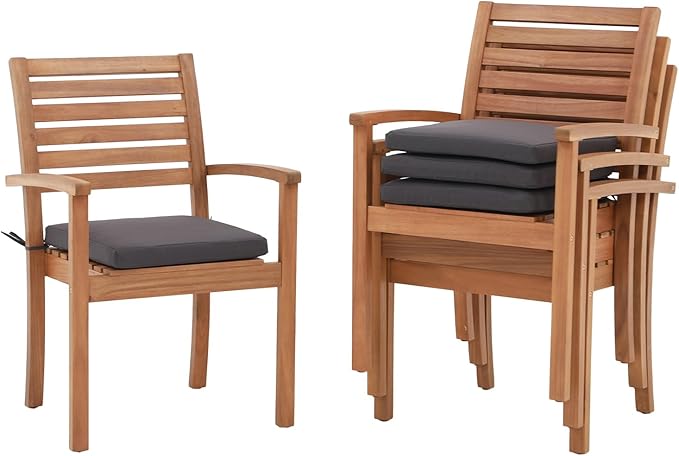 OC Orange-Casual Stackable Patio Dining Chairs Set of 4, Outdoor Acacia Wooden Chairs w/Armrest & Removeable Fabric Cushion, for Porch, Backyard, Garden, Indoor, Dark Grey