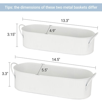 Mkono Metal Storage Basket for Toilet Tank Top Bathroom Decor, Galvanized Tray with Handle for Shelves, Farmhouse Toilet Paper Holder Organizing Bin Box for Countertop Living Room, Set of 2, White