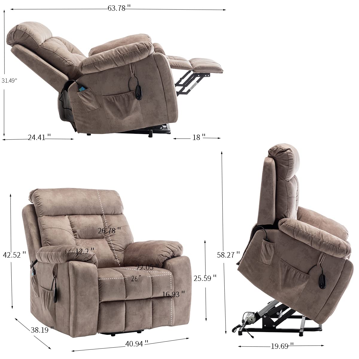 Acosure Electric Power Lift Relax Velvet Sofa Recliners Chair Living Room Furniture,German OKIN Motor,with/8-Point Vibration/5 Modes Massage/Lumbar Heating/Cup Holder,for Elderly,Light Tan, 40.94" D
