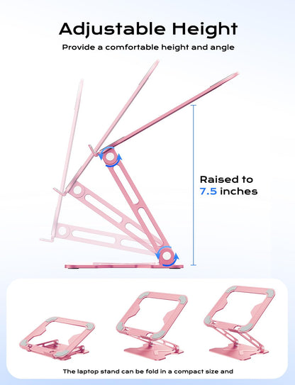 JCZT Adjustable Laptop Stand for Desk, Metal Foldable Laptop Riser, Portable Laptop Holder Mount, Ventilated Cooling Computer Notebook Stand for MacBook Air Pro, All 10-16'' Notebooks Laptops, Pink