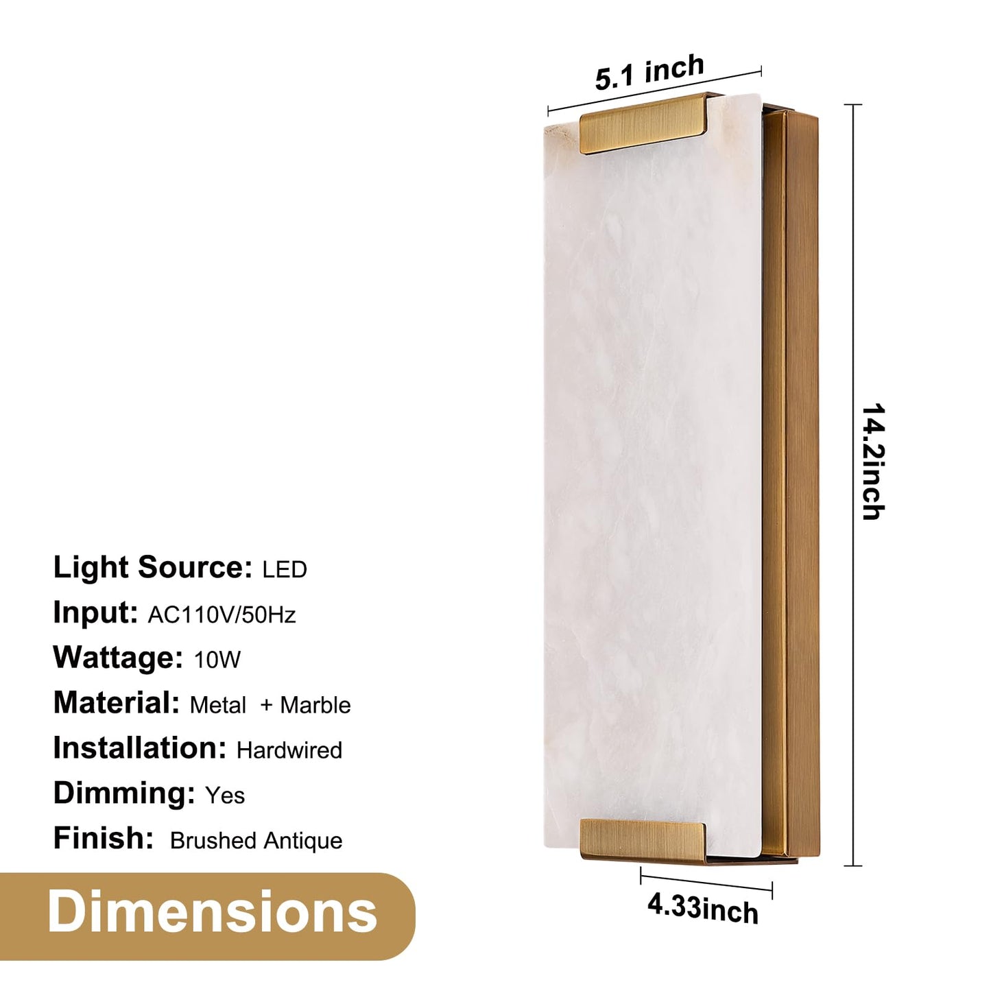 HOMLUCE 14.2in Alabaster Wall Sconces, Large Natural Marble Wall Sconces Set of Two, LED Modern Wall Lamp for Bedroom, Stairs, Living Room, Vanity, Bedside, Hallway （Brushed Bronze 12W）