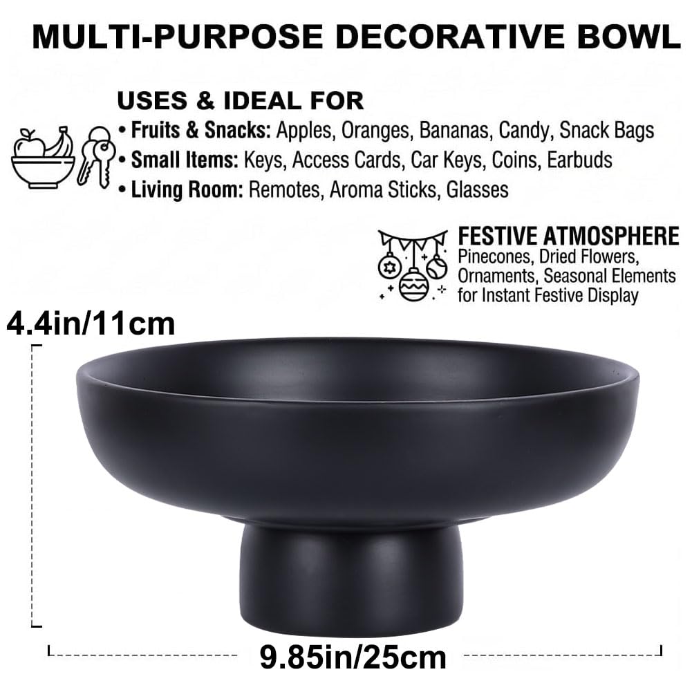 QIANLING Black Pedestal Bowl for Home Decor - Matte Black Resin Decorative Fruit Bowl for Kitchen Counter, Coffee Table or Entryway, Modern Centerpiece Bowl for Keys, Candy (Black)