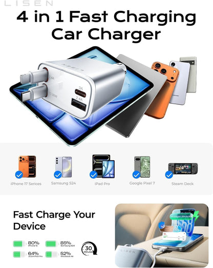 LISEN Retractable Car Charger for iPhone 17 Pro Max, Retractable Car Charger, Cute Girly Car Accessories for Women, Valentines Day Gifts for Men Women, fit iPhone 16 15 14 Samsung Galaxy