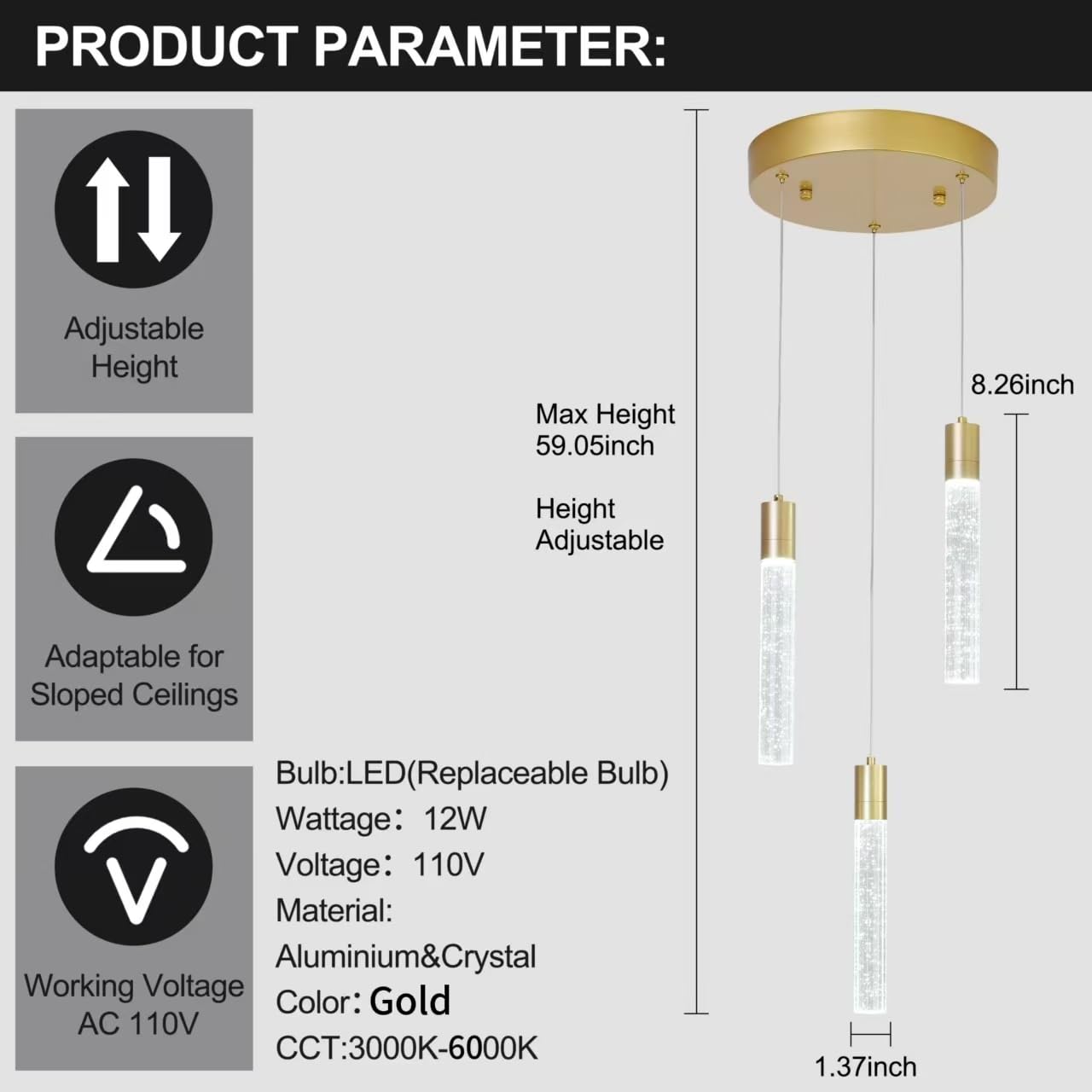 votag 3 Light Pendant Lights Kitchen Island,Modern LED Bubble Crystal Pendants with Dimmable 3000K-6000K Ceiling Hanging Light Fixture for Dining Room Bedroom,Gold Finish,Adjustable Height 59"