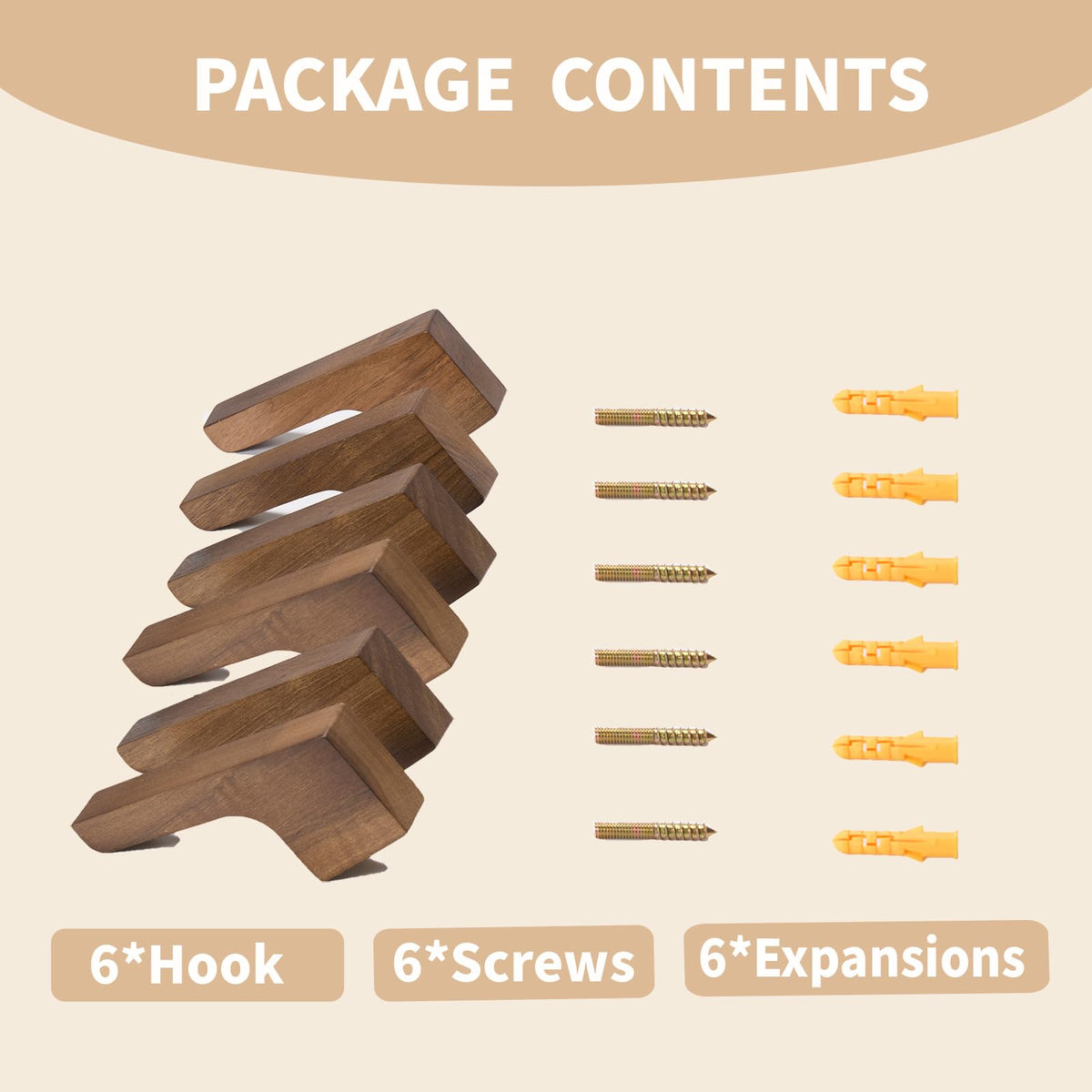 PinEther 6 Pack Walnut Wood Wall Hooks – Handcrafted Solid Wood Hooks for Coats, Hats, Bags, Towels – Minimalist Design, Hidden Mount, Eco Wax Finish, Moisture-Resistant,Bathroom, Bedroom, Kitchen