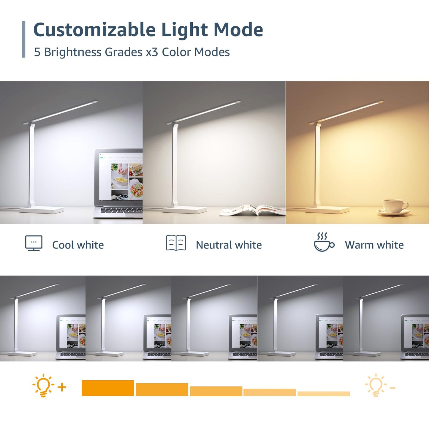 Lepro LED Desk Lamp, Desk Lamp with Power Adapter, 655lm, Desk Lamps Office with USB Charging Port, 5 Brightness Levels x 3 Colour Mode, Touch Control Daylight Lamp for Office, Nails, Study, Bedroom